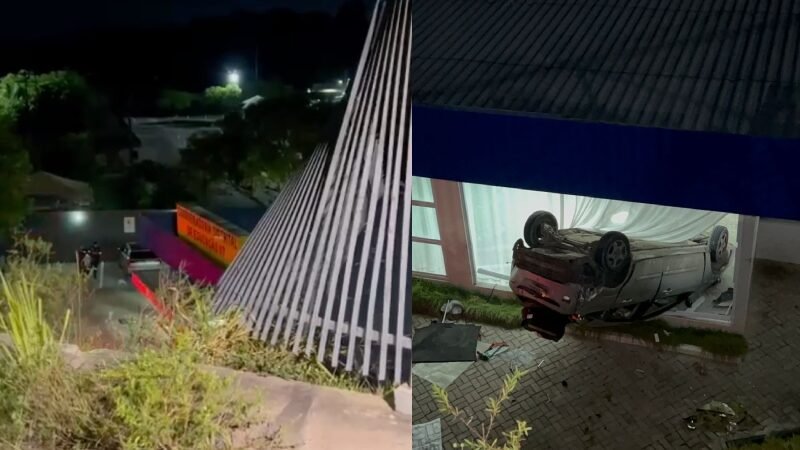 Família fica ferida após carro despencar de 7 metros e capotar dentro do pátio do Detran-AM; veja vídeo
