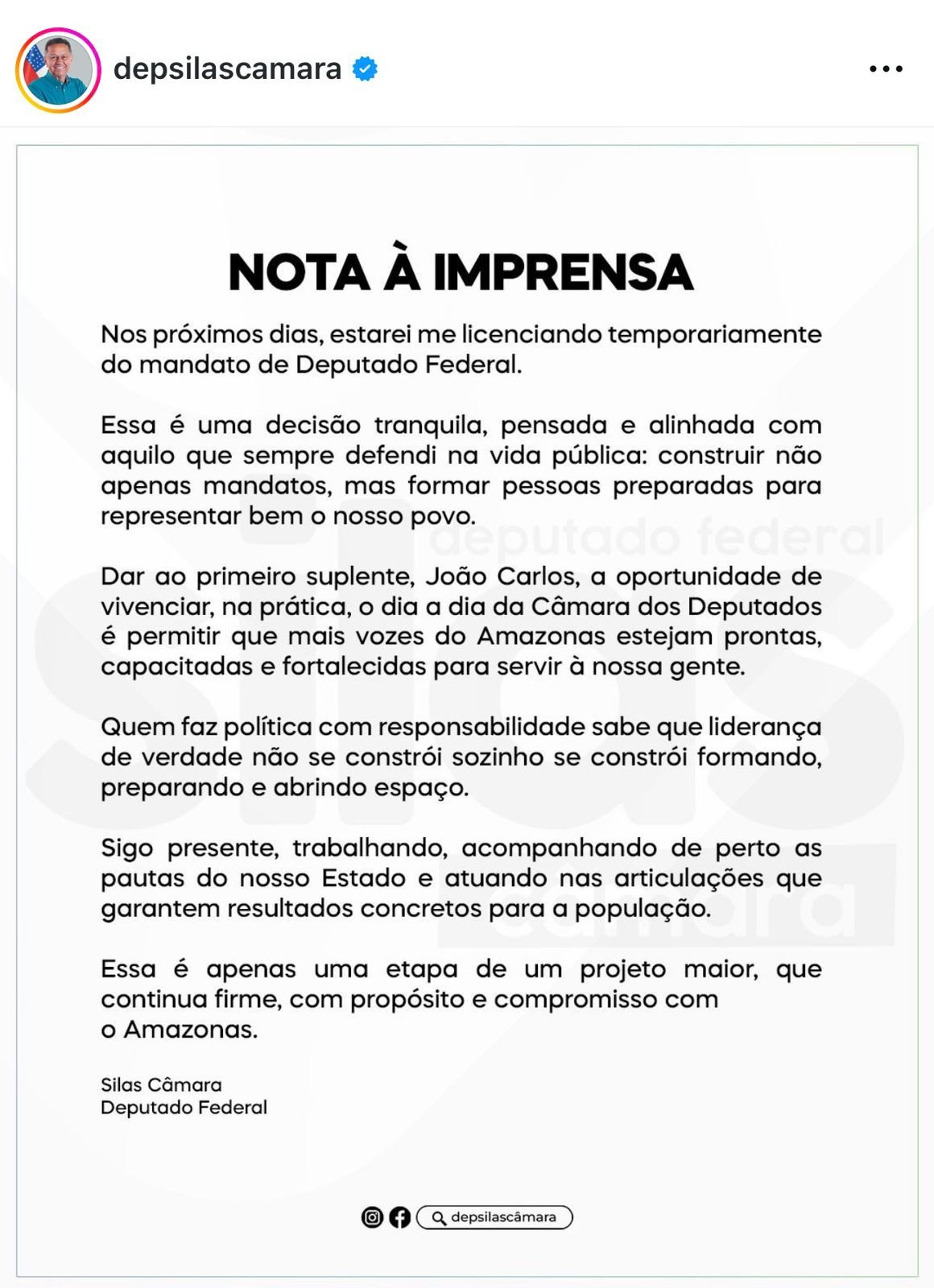 Silas confirma licença e mexe no tabuleiro político do Amazonas